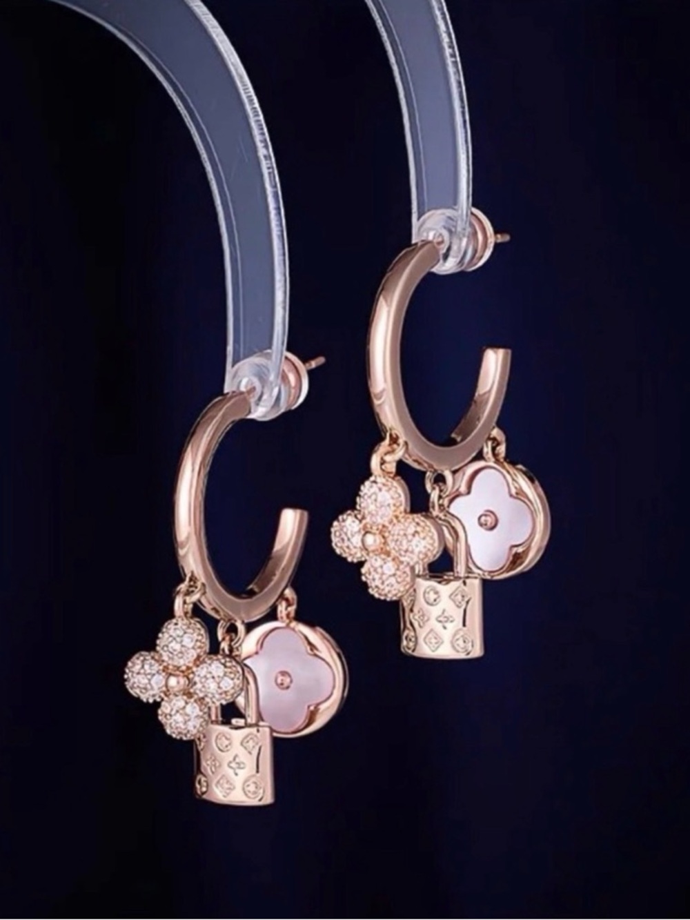Rose Gold Floral L V Charm Hoop Earrings - Women Jewelry